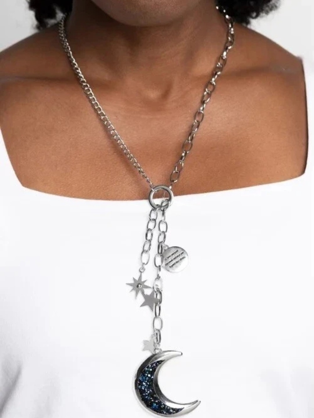 Silver Moon And Star Lariat Necklace With Multicolor Blue Stones